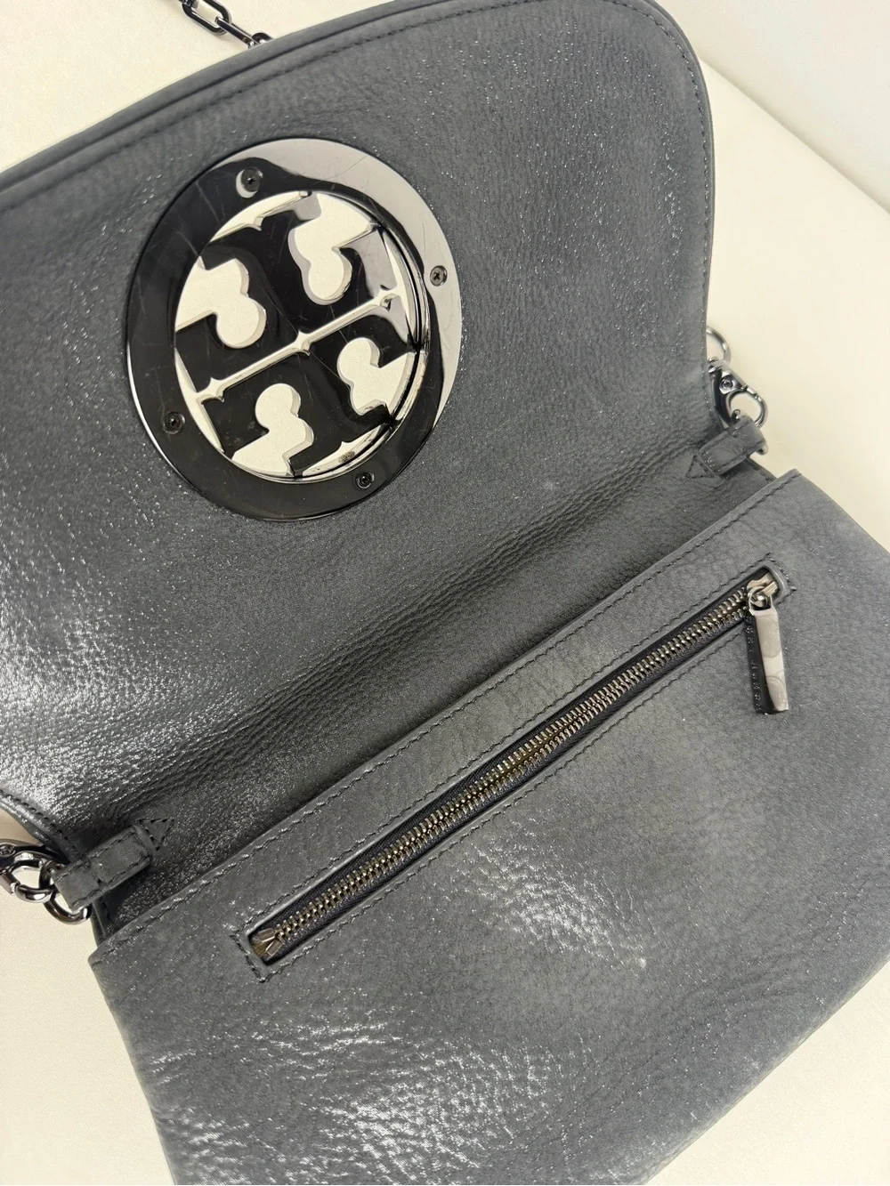 Tory Burch Black Leather Chain Strap Crossbody with Logo Medallion